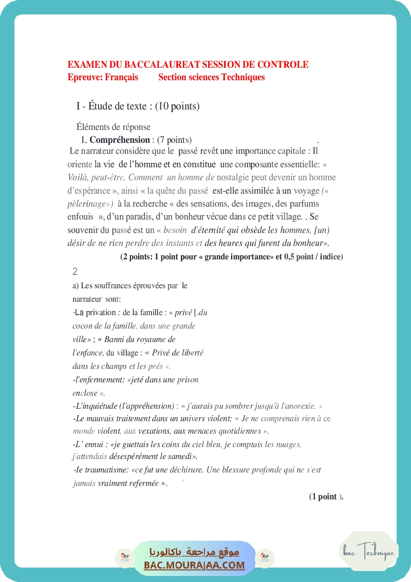 Corrigé controle francais Bac 2013 – Section technique